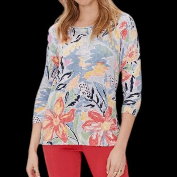FDJ French Dressing Jeans Women's Blue Pink Floral Print 3/4 Sleeve Sweater Sz S - Picture 1 of 8